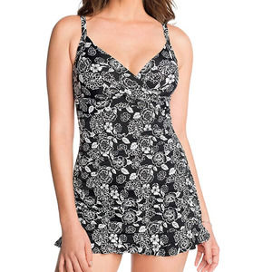 Swim Solutions Black White Floral Swim Dress One Piece 8 NWT